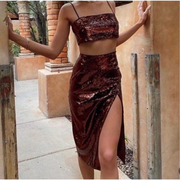 Camila Coelho Ava Crop Top Audrey Skirt Matching Set Sequin Chocolate Brown Sm S - Picture 1 of 12